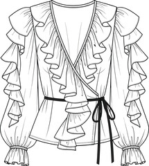 Elegant ruffled wrap blouse fashion illustration with voluminous sleeves, deep V-neckline, belt tie waist, and cascading layered details