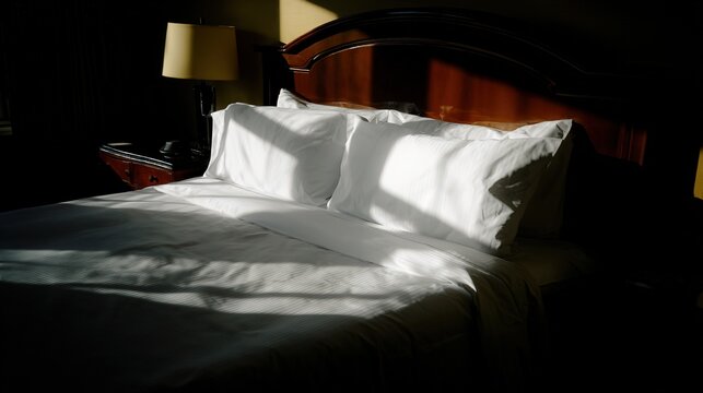 mattress. Elegant hotel bedroom with white linens and plush pillows illuminated by soft morning sunlight, lifestyle magazines.
