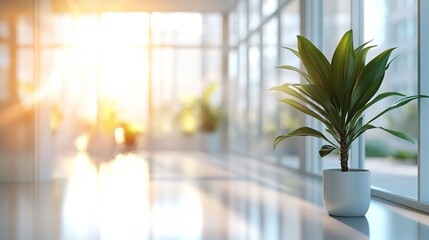 Modern office interior with plant and sunlight creates a serene and productive workspace vibe inspiring growth and success, perfect for corporate branding