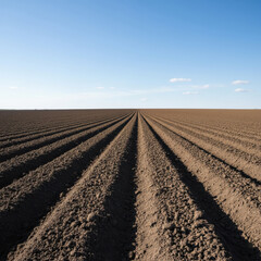 plowed agricultural field with deep furrows stretching towards the horizon under a clear blue sky