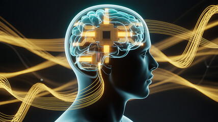 Conceptual Digital Art Human Head Profile Glowing Brain Microchip CPU Artificial Intelligence Technology Energy Waves Idea Innovation Science Future Solution Abstract