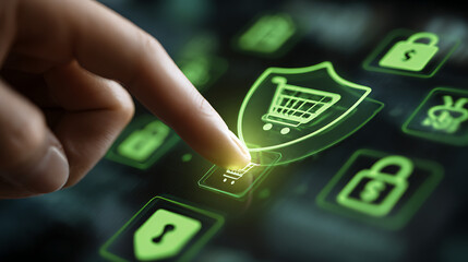 Person touching glowing shopping cart icon on digital screen finger