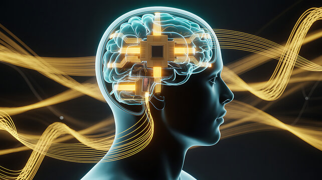 Conceptual Digital Art Human Head Profile Glowing Brain Microchip CPU Artificial Intelligence Technology Energy Waves Idea Innovation Science Future Solution Abstract - Powered by Adobe