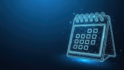 Digital calendar graphic with glowing wireframe showing dates and planning events