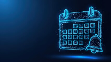 Digital calendar icon glowing with planning and scheduling information on a dark background