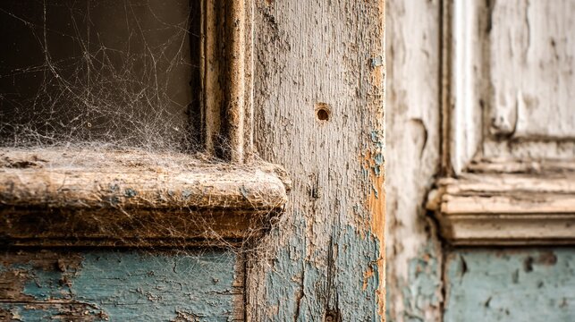 Closeup of cobwebs on a weathered wooden door with peeling paint