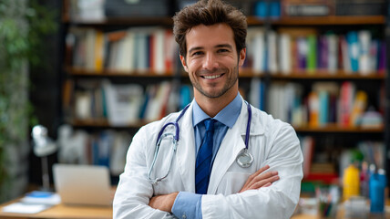 Smiling doctor in lab coat with stethoscope in office