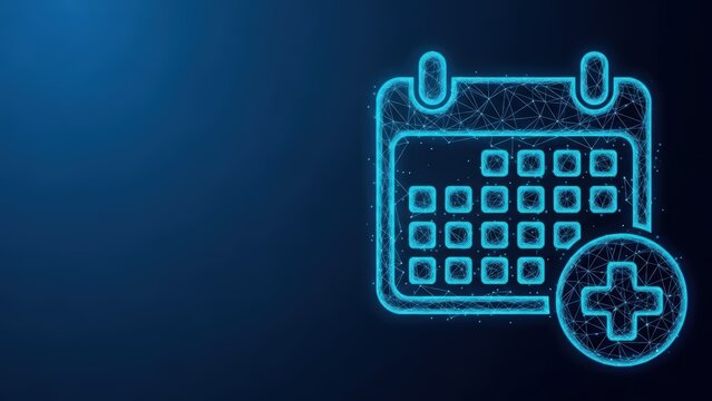 Digital calendar icon with glowing blue outline on dark background representing planning and scheduling