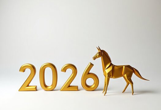 Elegant golden horse figure with shiny 2026 numbers on a white background with copy space. Luxurious style, for premium New Year marketing, branding campaigns, banners, upscale product promotions, ads