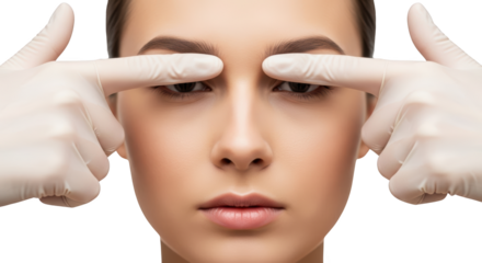 Close up of a woman's face with gloved hands touching her eyebrows isolate Eyes Closeup transparent background