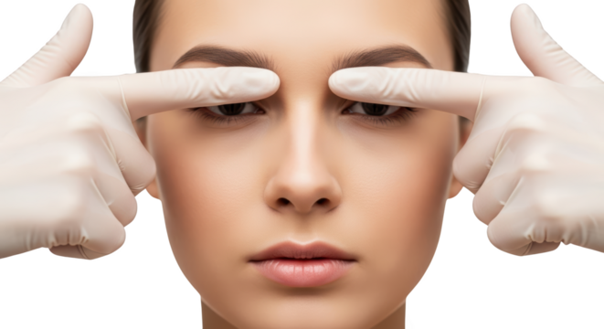 Close up of a woman's face with gloved hands touching her eyebrows isolate Eyes Closeup transparent background