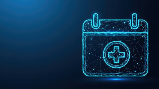 Digital medical calendar appointment icon with glowing blue lines on a dark background