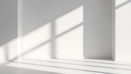 Obraz premium Minimalist white room interior with bright sunlight casting geometric window shadows on pristine walls and floor background