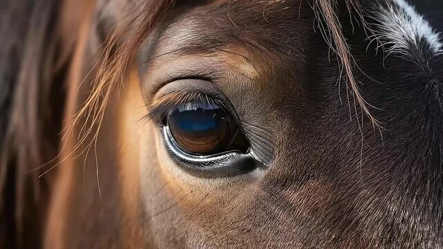 Intense horse eye gazing deeply with soulful expression, capturing the spirit of the wild animal in mesmerizing detail, a glimpse into equine grace