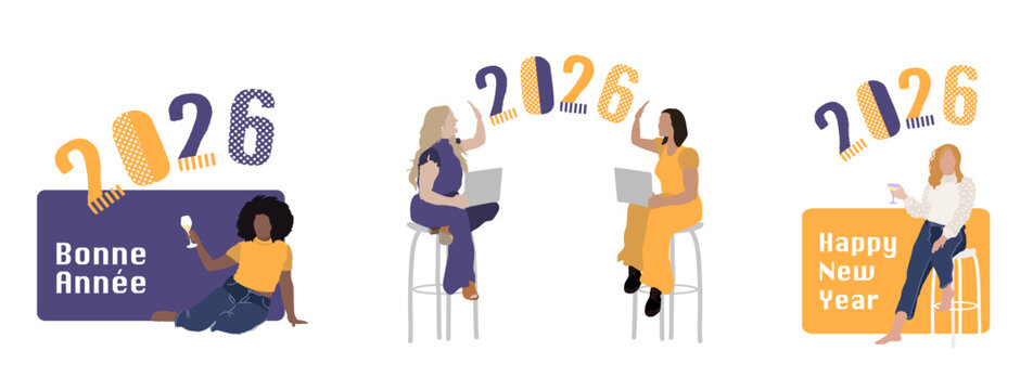 Jeunes femmes qui se souhaite une bonne ann&eacute;e 2026, avec une coupe de champagne pour une r&eacute;ussite professionnelle. Illustrations vectorielles pour des cartes de voeux ou banni&egrave;re web