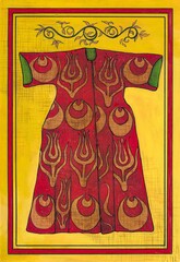 Traditional Turkish kaftan illustration with tulip motifs on a burgundy red robe, framed with ornamental borders. Hand painted mixed media style inspired by Ottoman miniature art.