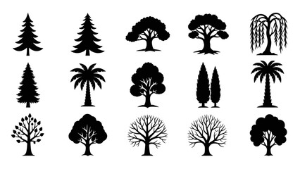 Various silhouettes of trees showcasing diverse species and shapes for forestry and design purposes