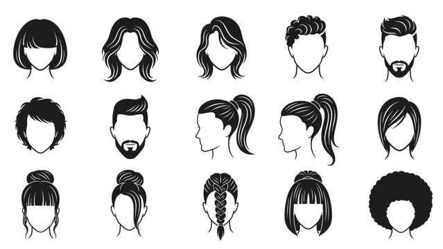 Diverse hairstyles silhouette collection showcasing various cuts styles for women and men