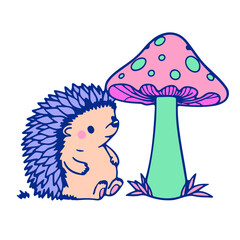 A cartoon hedgehog with blue spines standing next to a pink mushroom with green spots in a cute style