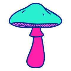 Illustration of a mushroom with a turquoise cap and a pink stem on a white background design art