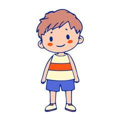 Cartoon boy with brown hair wearing a striped shirt and blue shorts standing on a white background art