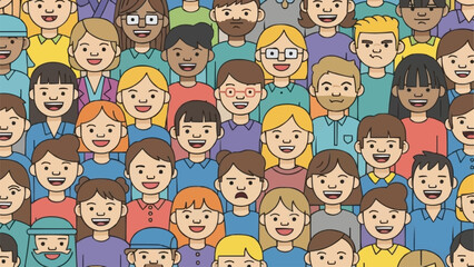 Diverse group of cartoon people smiling and looking forward.