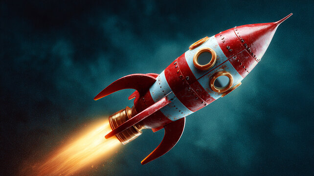 Retro rocket blasts off into the dark night sky