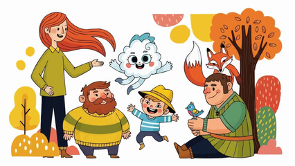 Diverse Group of Cartoon Characters and Autumn Elements.