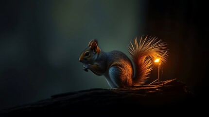 Squirrel illuminated by light source in dark environment artistic illustration