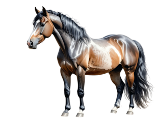 Elegant, muscular horse with a brown coat and a white blaze stands posed against a stark black backdrop