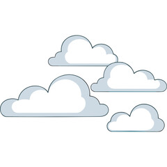 Fototapeta premium Stylized illustration of four fluffy white clouds with light blue outlines and subtle grey shading against a transparent black background symbolizing a clear sky or weather concept