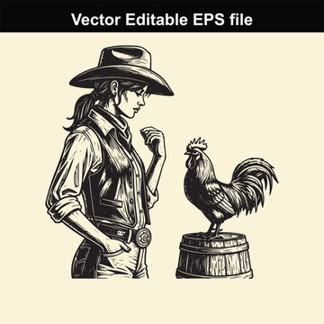 engraving style vector illustration of a cowgirl wearing a cowboy hat and vest looking thoughtfully at a rooster standing on a wooden barrel, perfect for western themes