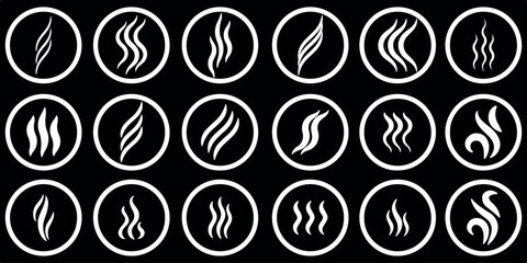 Smoke steam icon vector logo set. Smoke smell, steam aroma heat icon illustration. Hot vapor fire doodle line logo. Hit stink, coffee, fragrance flame elements. Vector illustration