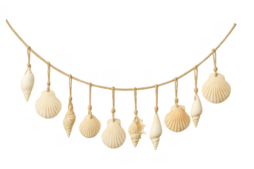 Seashell garland hanging on a rope, beach decoration