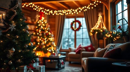 A hyperrealistic depiction of a cozy Christmas scene, focusing on warm, festive lighting