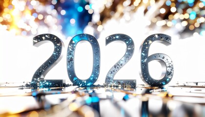 Modern Metallic Blue "2026" Text with Shattered Fragments, Abstract Futuristic New Year Concept