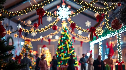 A hyper-realistic rendering of a joyous Christmas celebration, focusing on luminous textures and a vibrant display of holiday decorations