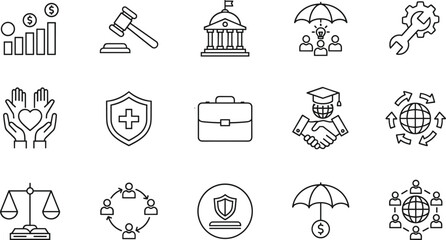 Business Strategy, Corporate Finance, and Data Analysis Icon Set Growth, Goal, Investment, Teamwork, Global Market, and Achievement Pictograms for App and Web UI