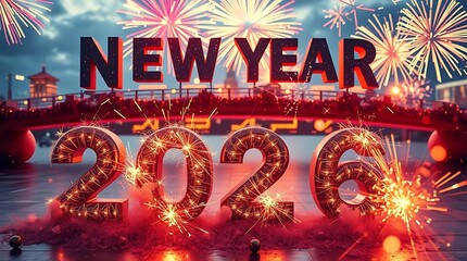 A hyperrealistic scene celebrating New Year 2026, featuring vivid imagery and a composition that conveys excitement and new beginnings