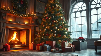 A hyperrealistic, detailed depiction of a cozy Christmas interior, with a fireplace aglow and wrapped gifts beneath a grand tree