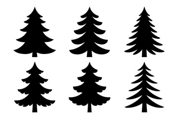 Pine Tree Icon Collection. Black Christmas Tree Silhouettes Vector Set on White