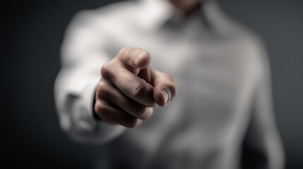 Hand pointing finger gesture in business setting, blurred figure in background, close up focus on index finger for command, accusation, shallow depth lighting and action