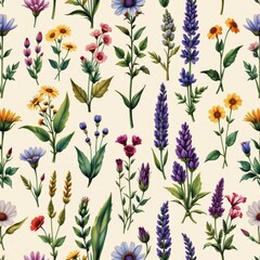 Fototapeta premium Colorful Floral Patterns with Various Flowers and Greenery on Light Background