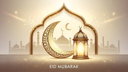 Islamic crescent moon and lantern in front of mosque archway with eid mubarak greeting