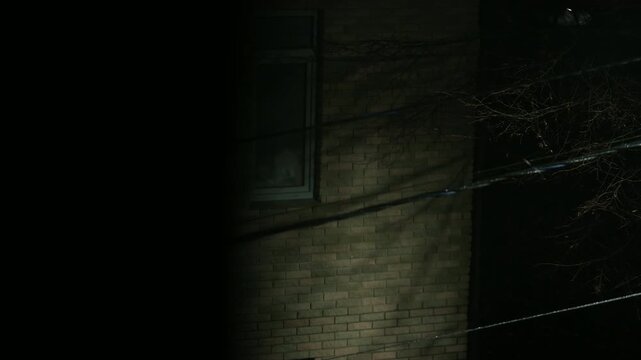 Snow and rain fall, illuminated by house lights. Moody night winter atmospheric scene 