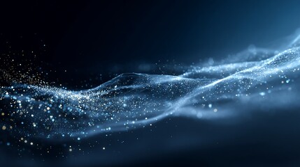 Fototapeta premium Blue digital wave of particles flowing on dark background, representing data flow, for presentations