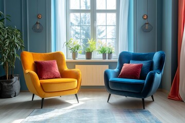 Fototapeta premium Colored living room interior with two armchairs, a sofa, decorations, and a window, designed to provide comfort and style, Generative AI