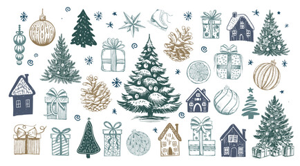 Christmas and New Year set, Hand drawn illustration.	
