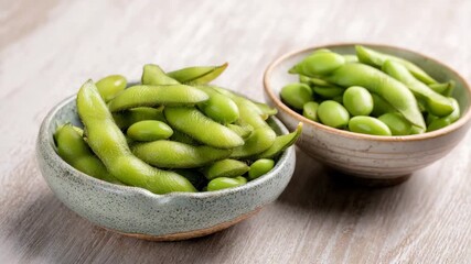 Close Up of Two Bowls Featuring Green Edamame in Pods and Shelled on a Light Wooden Surface, Minimalist Composition and Natural Light