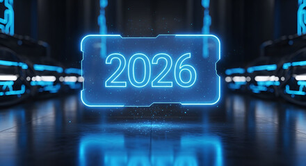 2026 digital neon sign in futuristic dark environment - technology and future concept